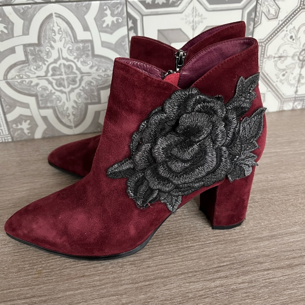 Elegant Burgundy Suede Ankle Boots with Black Floral Design